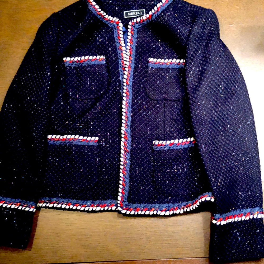 Navy tweed French- designer inspired blazer.